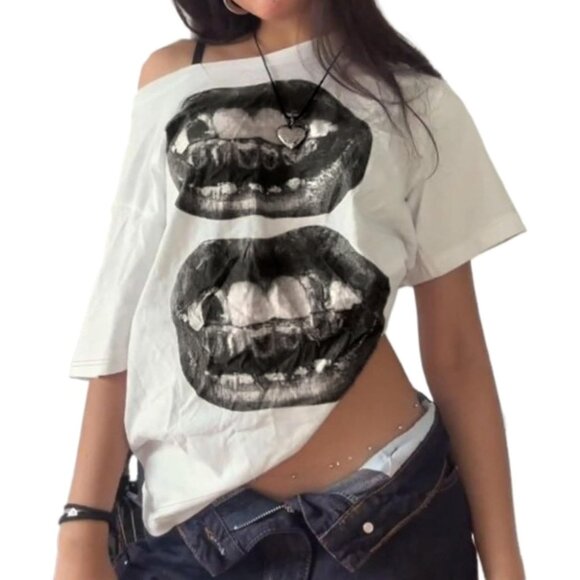 Tops - Women One Shoulder Top Oversized Graphic Tee Y2K Grunge Emo Fashion
